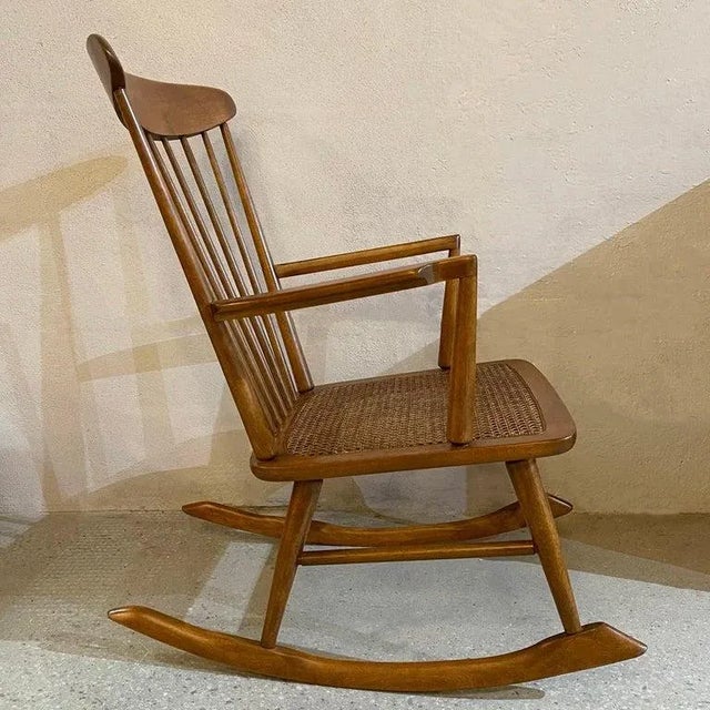 Mid-Century Modern Spindle Back Cane Seat Rocking Chair For Sale - Image 4 of 12