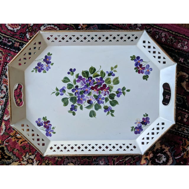 Vintage Hand Painted Botanical White Tole Tray With Handles For Sale - Image 4 of 13