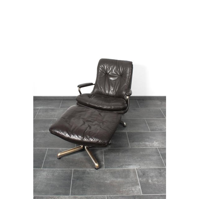 Metal Set of Brown Leather Lounge Chair with Matching Stool by André Vandenbeuck for Strässle, 1960s For Sale - Image 7 of 18