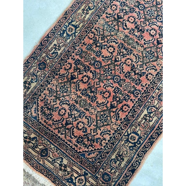 1940s 1940s Coral & Glowinng Blush with Indigo & Army Green Runner Rug 2.8 x 19.7 For Sale - Image 5 of 12