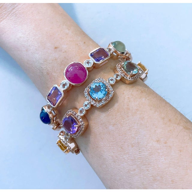 Bochic Capri” Vintage Sapphire & Multi Natural Gem Bangle Set 18K Gold & Silver For Sale - Image 13 of 15