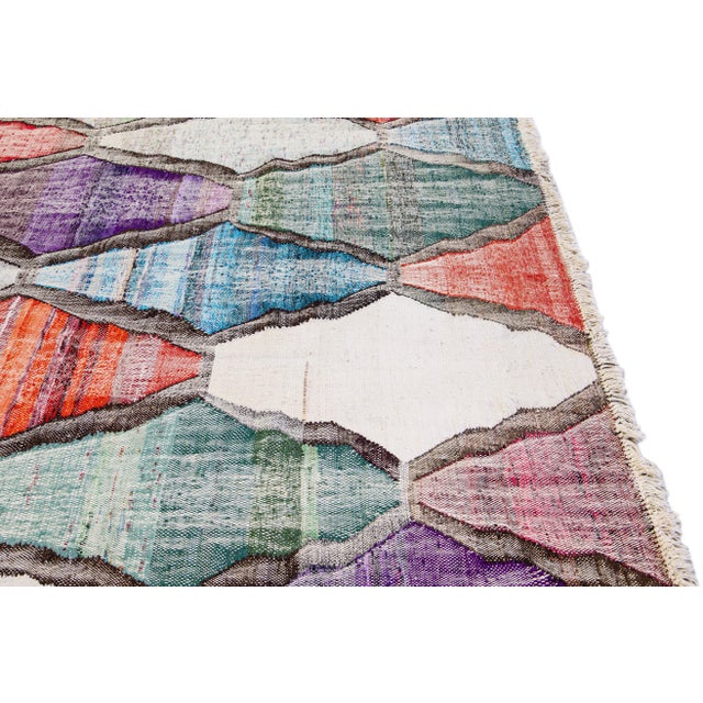 Red Contemporary Kilim Handmade Geometric Multicolor Wool Rug For Sale - Image 8 of 10