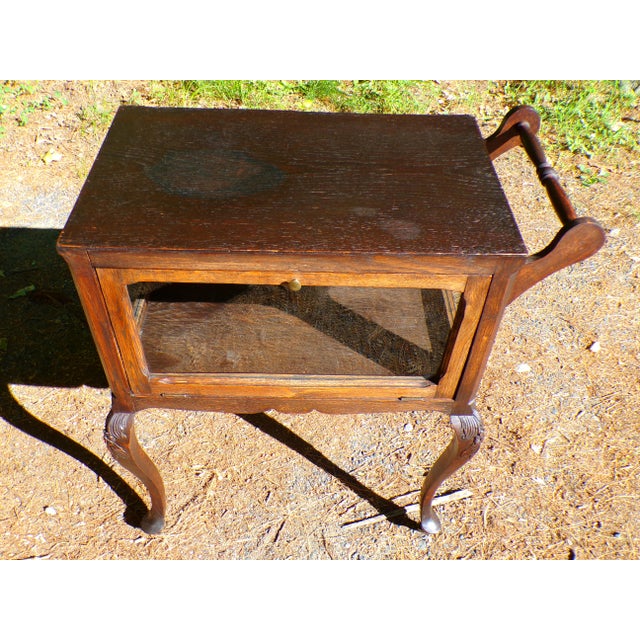 Antique Solid Oak Vitrine Cabinet Serving Bar Tea Cart Trolley For Sale - Image 10 of 18
