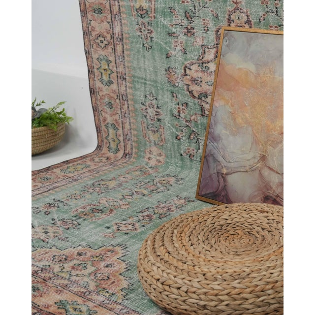 1970s Vintage Handmade Wool Cotton Green Area Rug For Sale - Image 11 of 12