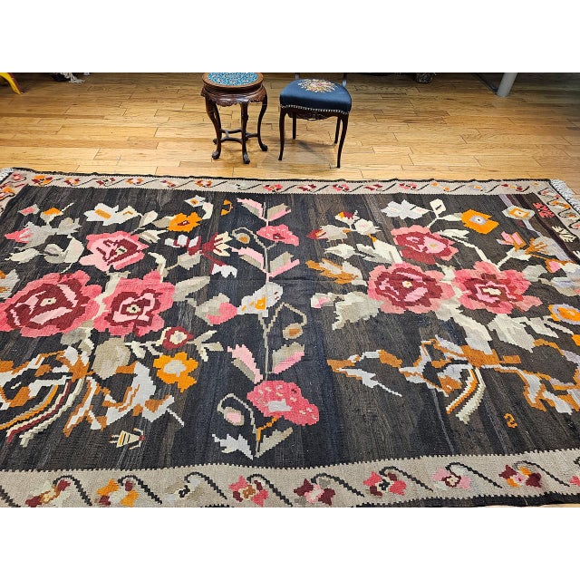 Vintage Caucasian Karabagh Kilim, Flat-Woven Wool, Allover Floral Pattern, Chocolate & Red, 7x13 For Sale - Image 4 of 15