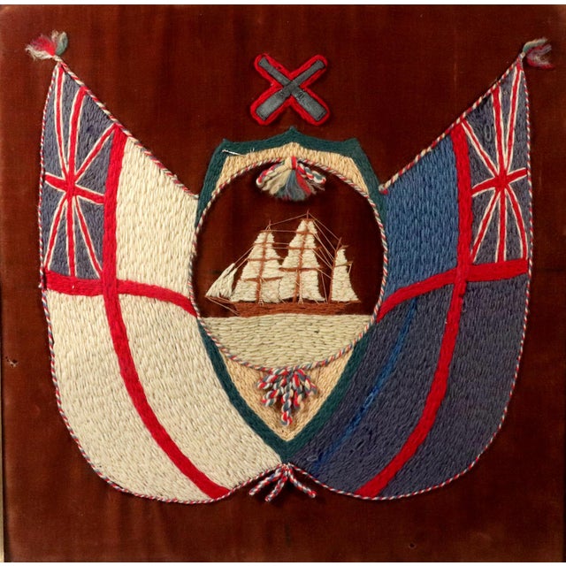 Sailor's Woolworks, Rare Square Pair on Velvet With Union Jack, Stars and Stripes and Royal Navy Ensigns For Sale - Image 11 of 13