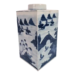 19th Century Chinese Export Canton Porcelain Blue and White Square Tea Canister
