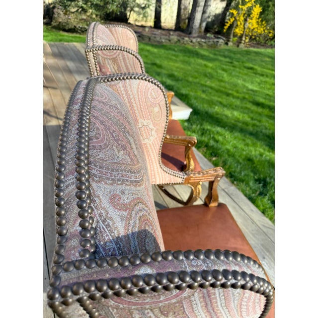 A Pair of Custom Ralph Lauren Wingback Lounge Chairs Upholstered in Leather and Paisley For Sale - Image 17 of 18