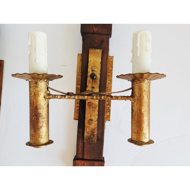 Vintage Spanish Revival Gilded Wrought Iron & Wood Wall Sconces-a Pair For Sale In New York - Image 6 of 12
