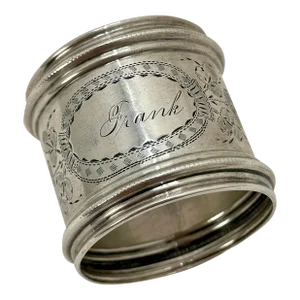 Antique Hand Made & Engraved American Victorian Solid Coin Silver Napkin Ring for "Frank" - Circa 1860s