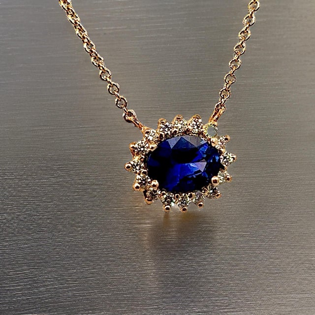 Italian Natural Sapphire Diamond Halo Pendant With Chain 18" 14k YG 1.67 TCW Certified For Sale - Image 3 of 15