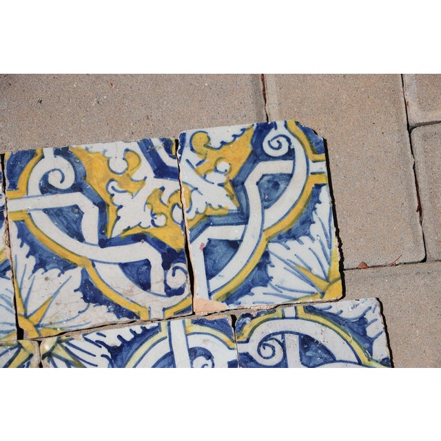 17th Century 17th Century Portuguese Antique Tiles Set of 6 Blue, Yellow & White Geometric Floral For Sale - Image 5 of 10
