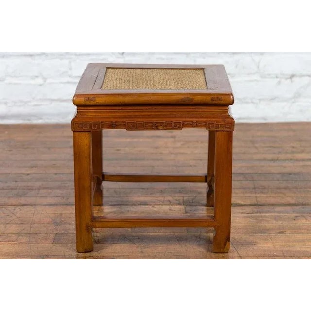 19th Century Chinese Qing Dynasty Stool with Woven Rattan Top & Carved Apron For Sale - Image 4 of 13