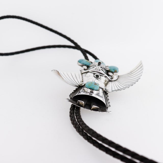 Zuni Sterling Silver & Turquoise Cabochon Kachina Bolo Tie For Sale - Image 12 of 18