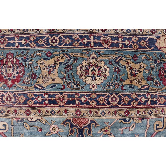 Antique Persian Tabriz Rug With Blue Field, Pictorial Medallions Accents of Red For Sale - Image 10 of 16