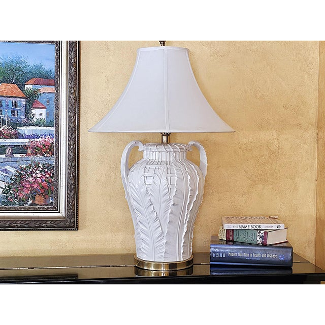 Vintage Paul Hanson Style White Ceramic Urn Table Lamp With Raised Botanical Relief Design For Sale - Image 17 of 18