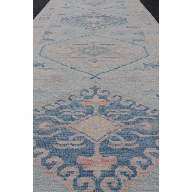 Modern Oushak Medallion Design Runner With Light Blue Color by Keivan Woven Arts For Sale - Image 4 of 11