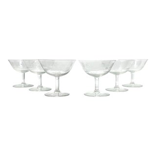 1910s Antique Fostoria “Lotus” 6 Etched Optic Coupe Champagne Glasses For Sale
