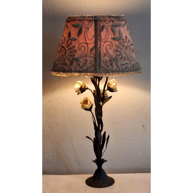 Art Deco French Table Lamp with Metal Frame, Porcelain Flowers, and Fabric Shade, 1930s For Sale - Image 11 of 11