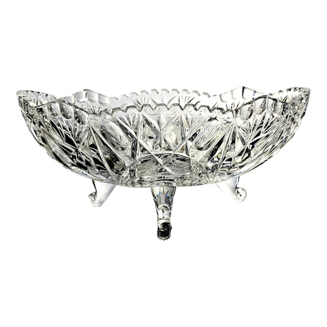 German Crystal Footed Bowl Dish Saw Tooth Star Etched 10" For Sale