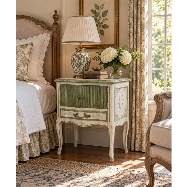 A charming mid-20th-century French Provincial nightstand, crafted from walnut and finished in a softly distressed palette...