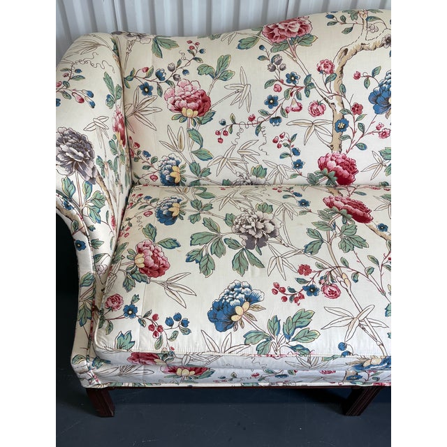 Chinese Vintage Hickory Chair Chinese Chippendale Floral Upholsterered Camelback Sofas in Lee Jofa Fabric - A Pair For Sale - Image 3 of 12