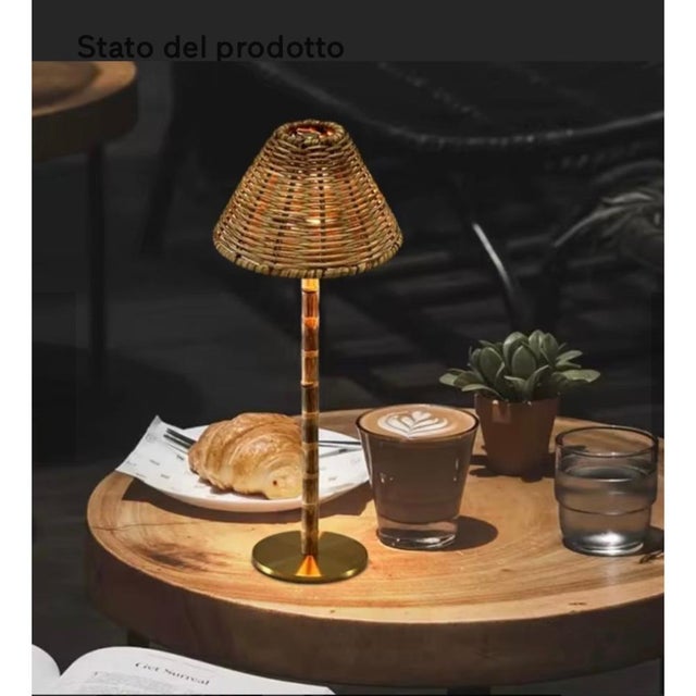 Contemporary Rechargeable Bamboo Lamp with Rattan Lampshade by Rebecca Lighting For Sale - Image 3 of 5