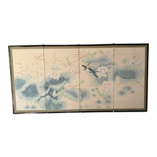 Japanese Style Four-Panel Hand-Painted Silk Folding Screen With Lotus and Kingfishers For Sale