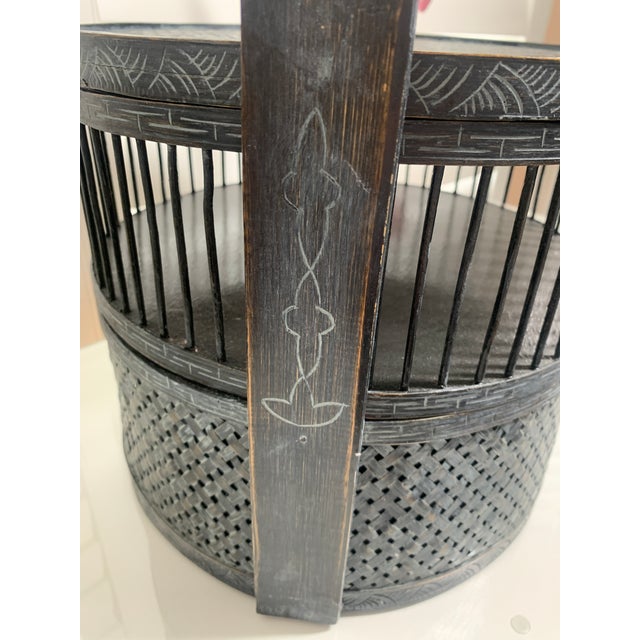 Antique Chinese Wedding Basket, Bamboo & Lacquer, Sculptural Swing Handle For Sale - Image 11 of 11