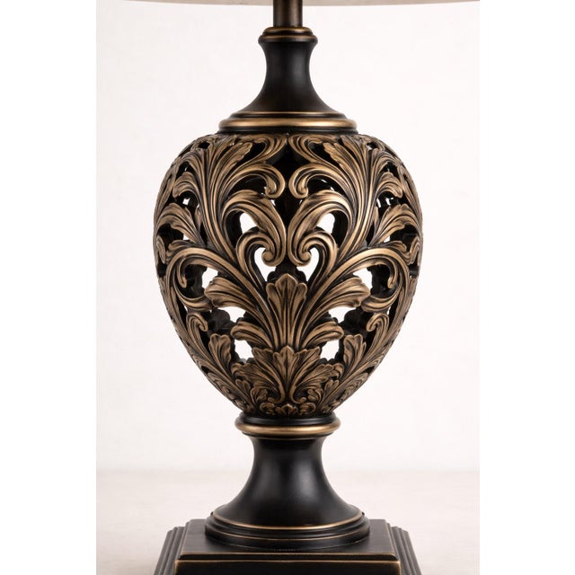 Traditional 1970s Pair of Traditional Pierced Metal Table Lamps With Original Linen Shades For Sale - Image 3 of 6