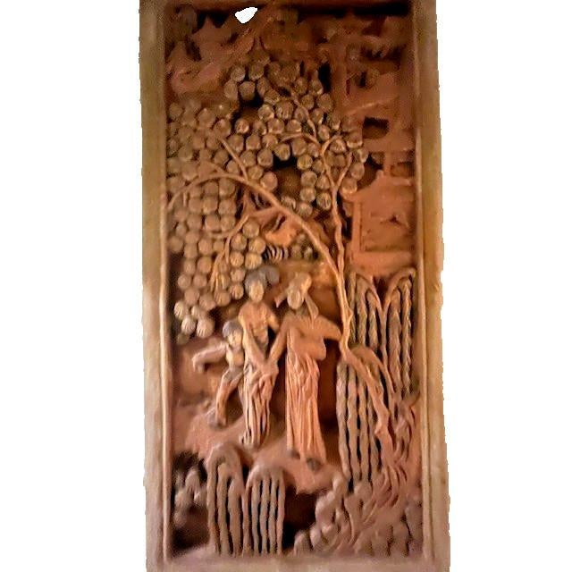 Wood Hand Carved Wood Chinese Wall Plaque Set - 3pc Vintage Chinoiserie Garden Panels For Sale - Image 7 of 18