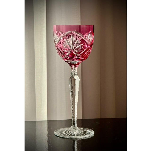 Ruby Cut Crystal Hock Glasses with Peacock and Starburst Cutting, 1950, Set of 6 For Sale - Image 10 of 18
