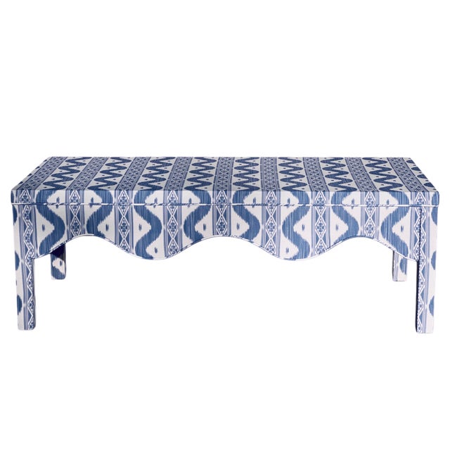 Custom Scalloped Coffee Table in Blue Ikat For Sale - Image 11 of 16