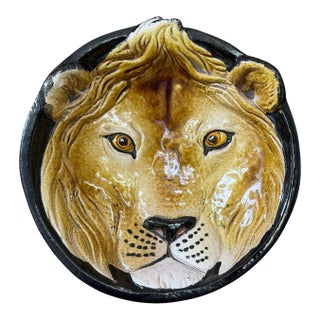 Vintage Italian Glazed Terracotta Lion Wall Plate | Sculptural Ceramic Wall Art For Sale