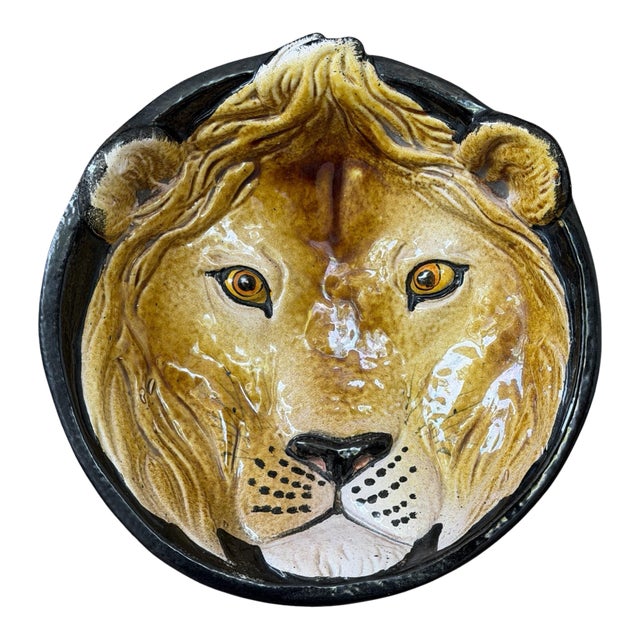 Vintage Italian Glazed Terracotta Lion Wall Plate | Sculptural Ceramic Wall Art For Sale