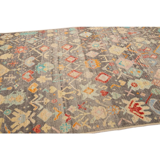 Modern Boho Gray Moroccan Style Handmade Multicolor Pattern Wool Rug For Sale - Image 9 of 10