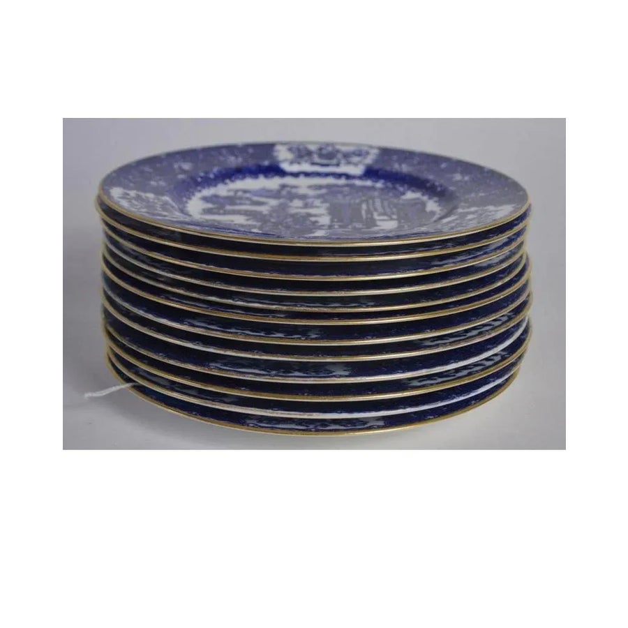 Copeland Spode England Blue Willow Plates, Gilt Trimmed Circa 1880