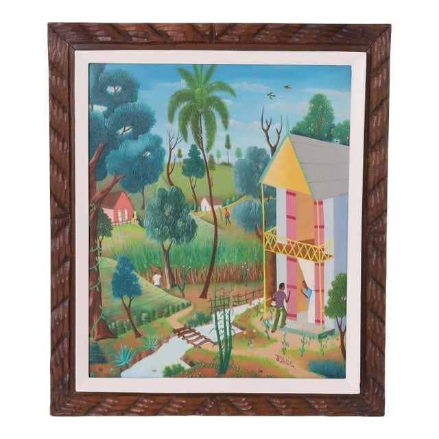 Mid Century Haitian Painting of a Village For Sale