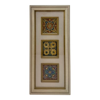 Late 19th–early 20th Century, Three Colorful Antique French Majolica Tiles, Newly Framed With Linen Mat For Sale