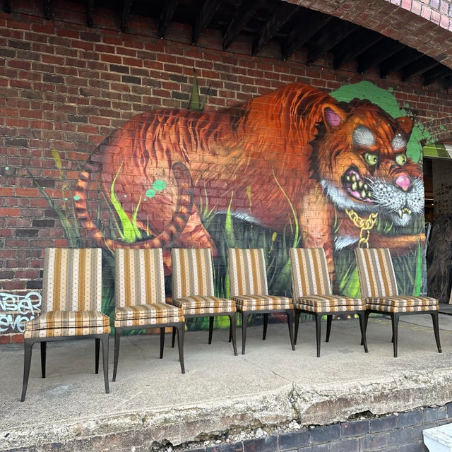 Mid century modern Set of 6 Harvey Probber Dining Chairs Saber Legs. This set of chairs features an orange and teal...