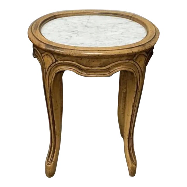 Mid-Century French Provincial Fruitwood and Marble Top Candle Stand Side Table For Sale
