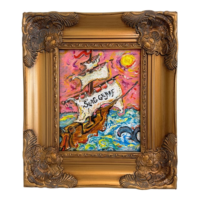Serg Graff Original “Dolpharus” Acrylic Ship Painting | Gold Frame | Nautical For Sale
