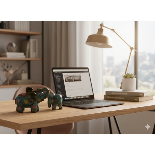 Turquoise Pair Turquoise Teal Enamel Fortune Fengshui Elephant Metal Figures For Sale - Image 8 of 9