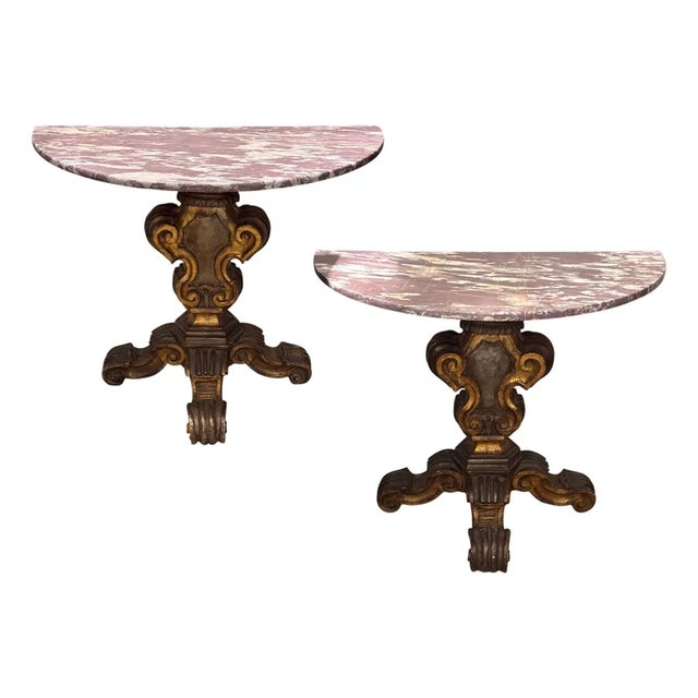 Pair of Italian Giltwood Demilune Consoles With Marble Tops For Sale