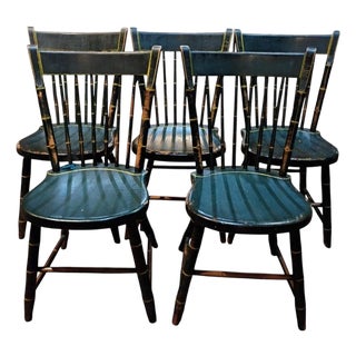 19Thc Original Dark Green Painted Thumb Back Windsor Chairs-5 For Sale