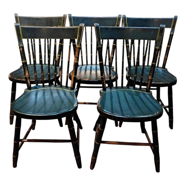 19Thc Original Dark Green Painted Thumb Back Windsor Chairs-5 For Sale