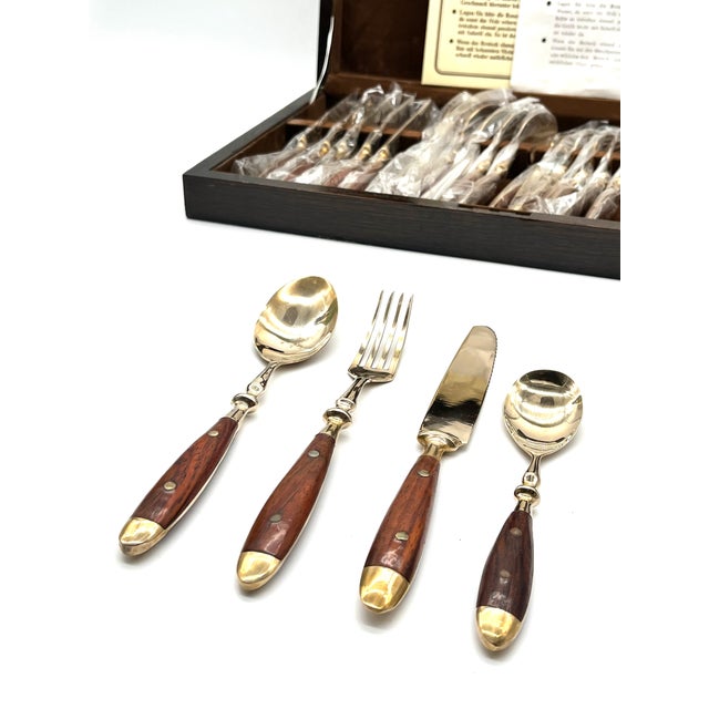 Mid-Century Bronze and Rosewood Royal Cutlery Set, 1970s, Set of 24 For Sale - Image 4 of 18