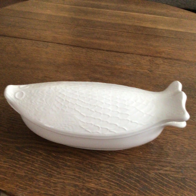 Beautiful white ceramic covered fish casserole baking dish made in San Francisco by Environmental Ceramics inc. These...
