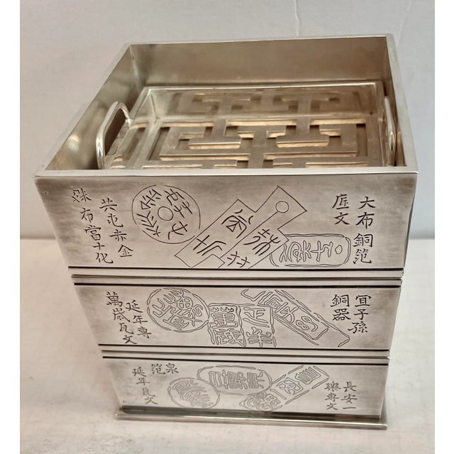 Antique Chinese Incense Clock Qing Silver Square Calligraphy Mark 19th