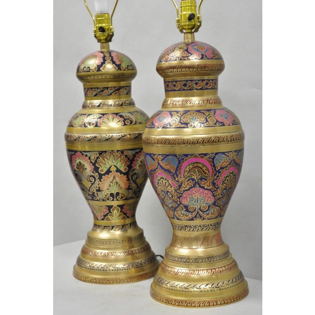 Vintage Brass & Cloisonné Enamel Pink & Blue Jardiniere Urn Table Lamps - Pair For Sale - Image 12 of 14